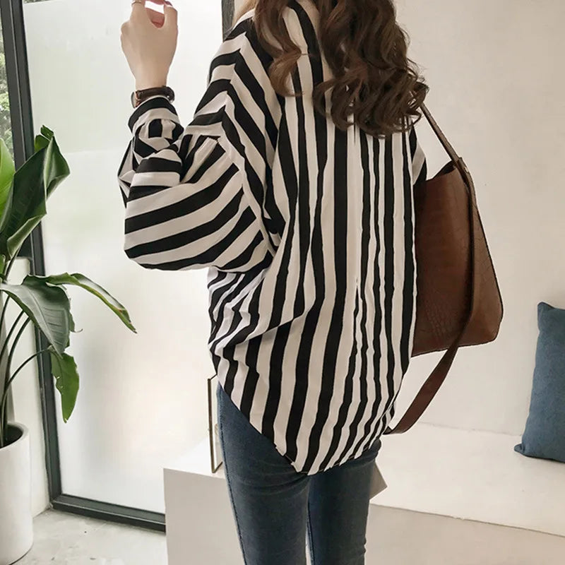 Women's Long Sleeve Striped Shirt, Turn Down Collar Blouse