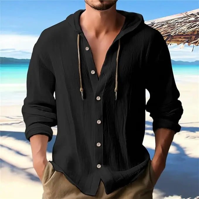 Men's Casual Hooded Long-Sleeved Shirt - Trendy Loose Fit Cotton Linen Cardigan