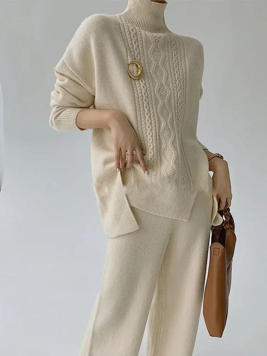 Women’s Knitted Sweater & Wide Leg Pants Set - Casual Autumn/Winter Outfit