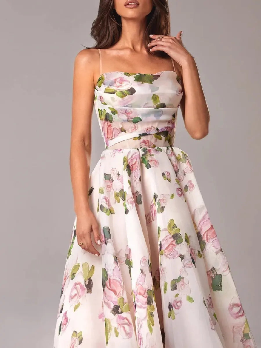 Strapless Mid-Length Floral Dress