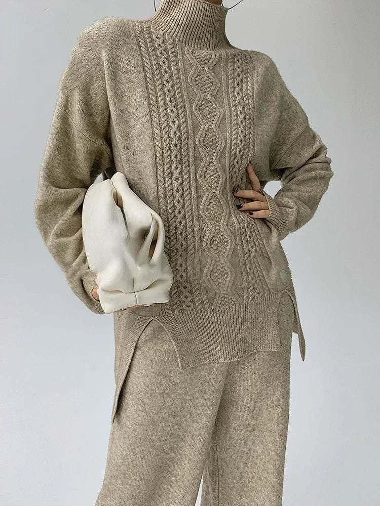 Women’s Knitted Sweater & Wide Leg Pants Set - Casual Autumn/Winter Outfit