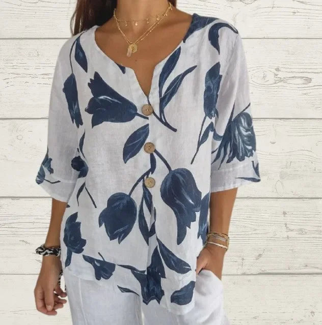 Women's V-Neck Cotton Linen Blouse, Printed Half Sleeve Top