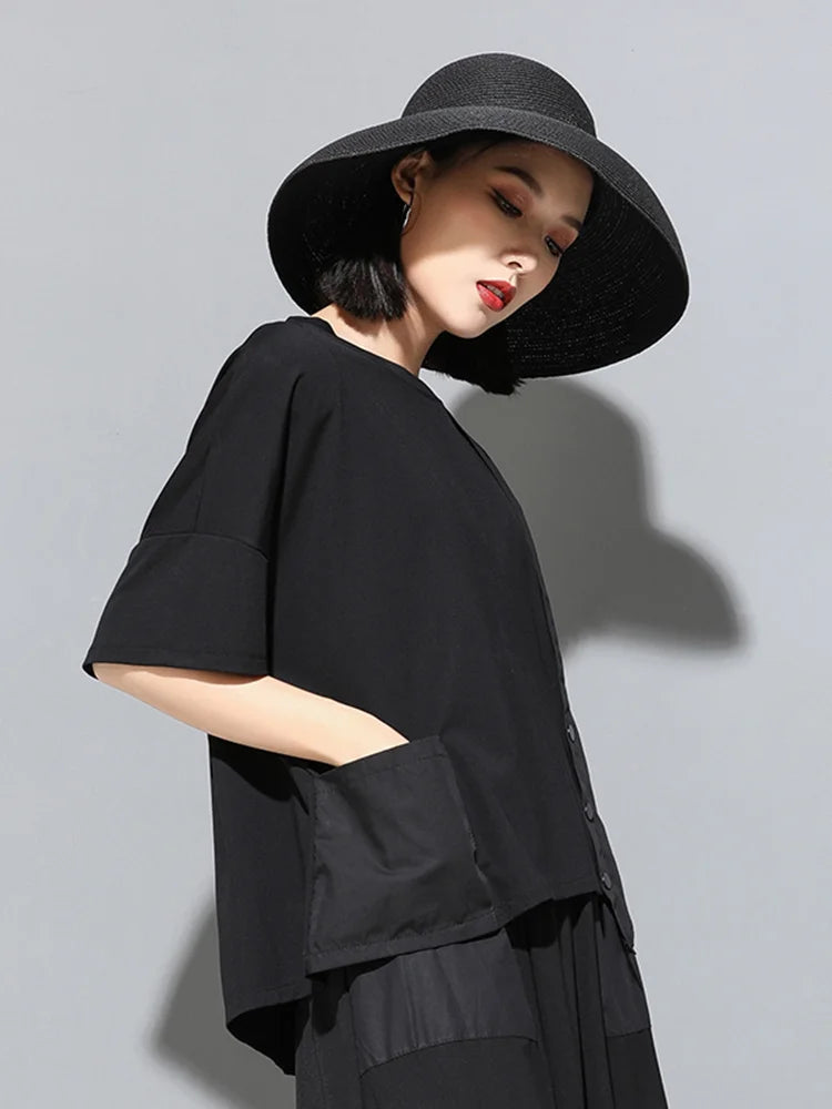 Women’s Black Pocket Button Irregular T-Shirt