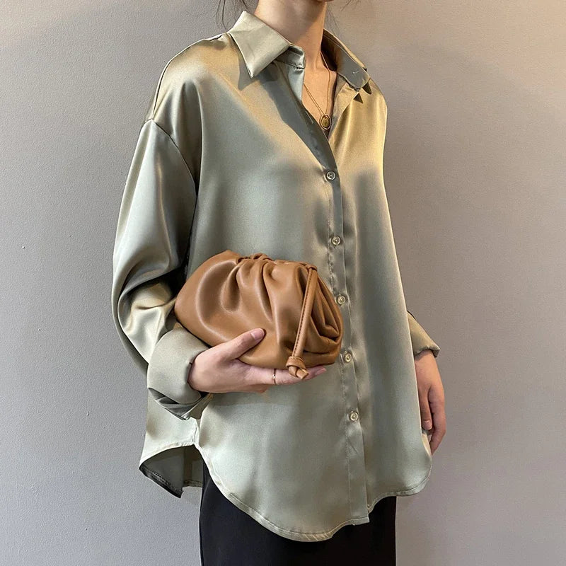 Silk Button-Up Blouse for Women, Vintage Long Sleeve Shirt