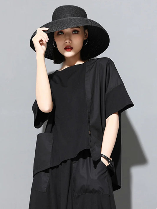 Women’s Black Pocket Button Irregular T-Shirt