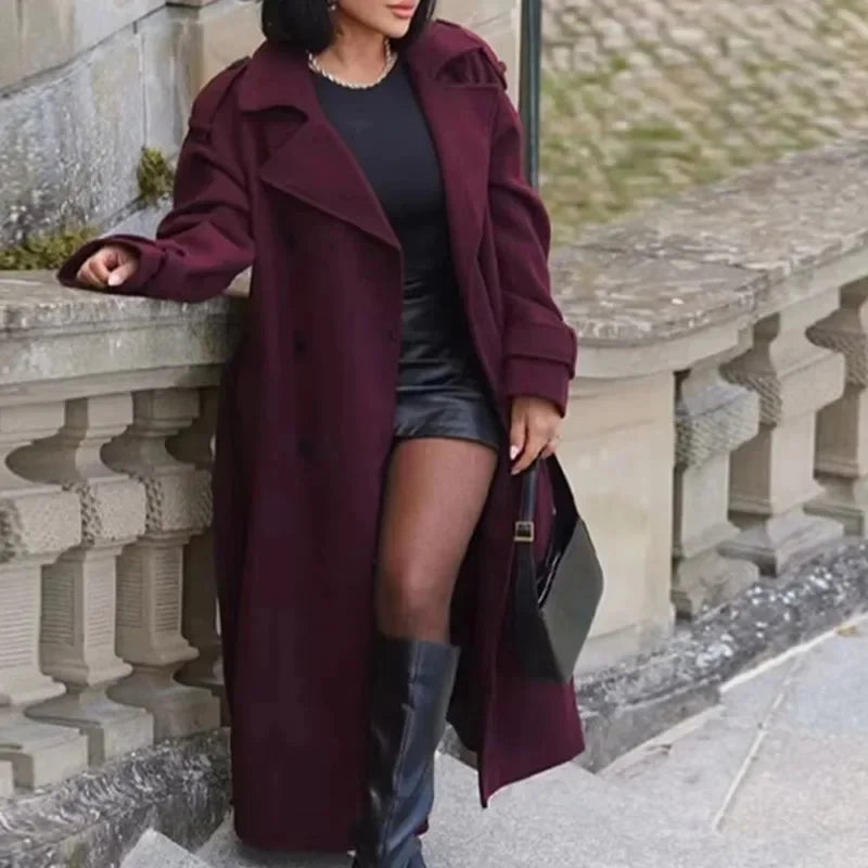 Elegant Burgundy Turndown Collar Coat – Women’s Single-Breasted Long Sleeve Sweater