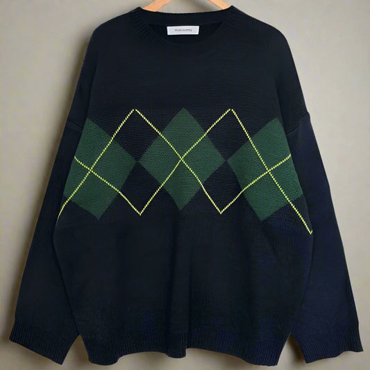 Women's Loose Knit Argyle Sweater, Korean Style Pullover