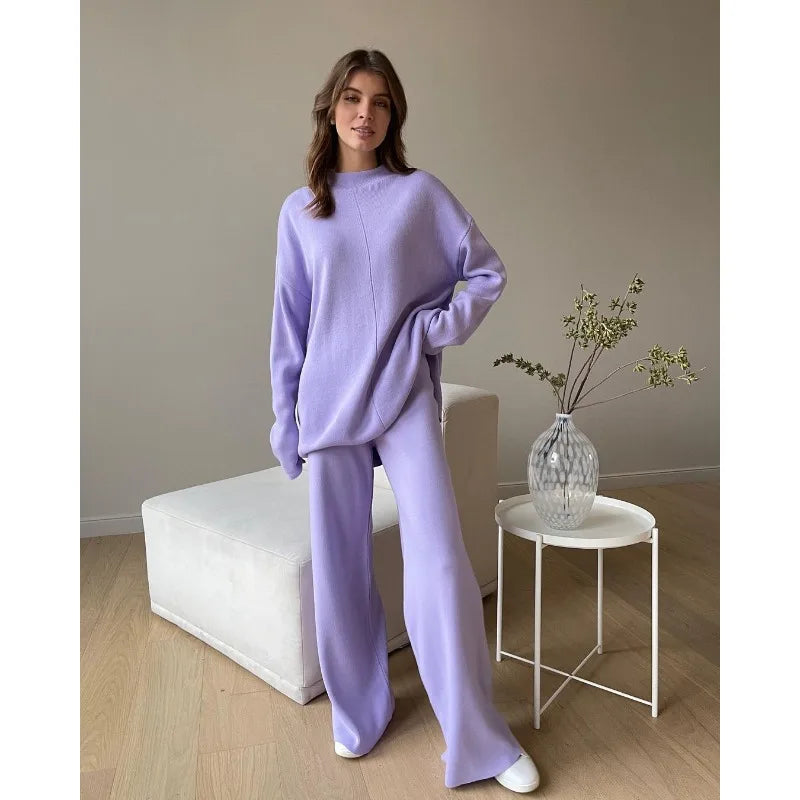 Women's Knitted Two-Piece Set - Elegant Pullover Sweater & Loose Pants Outfit