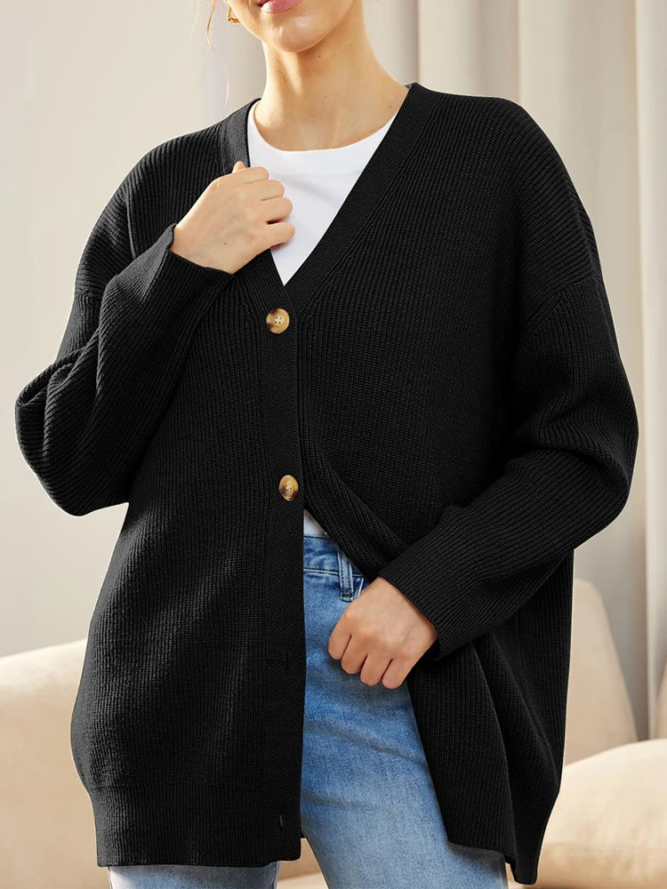 Women's V-Neck Cardigan, Solid Color Knitwear for Autumn/Winter