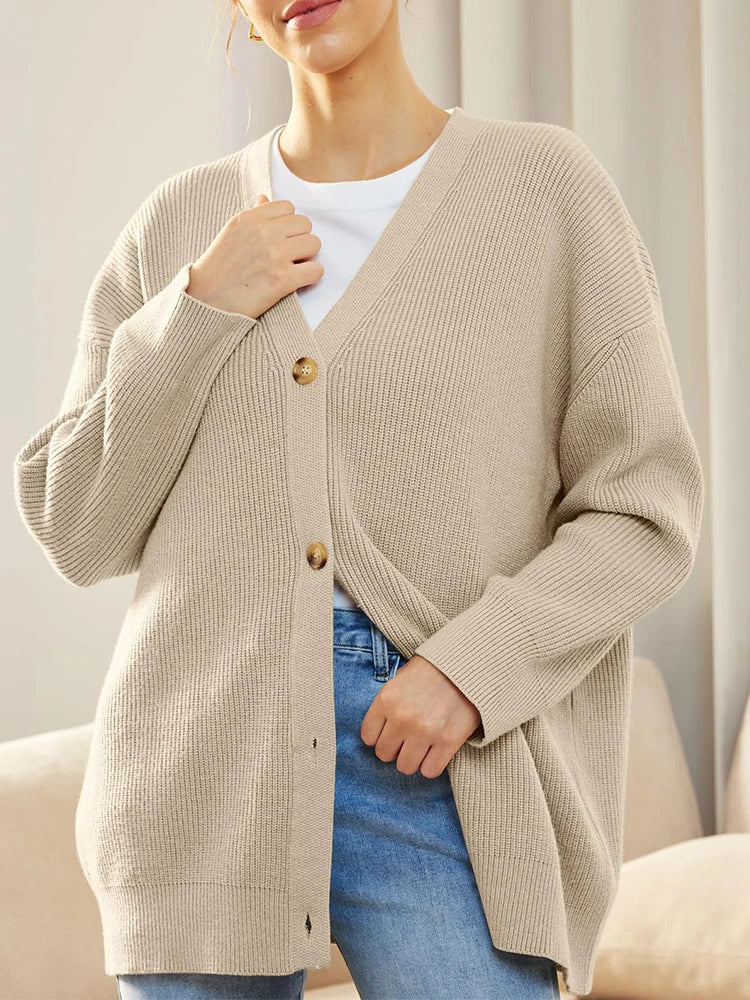 Women's V-Neck Cardigan, Solid Color Knitwear for Autumn/Winter