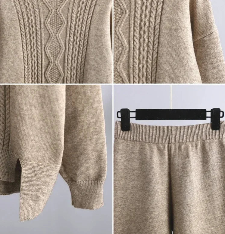 Women’s Knitted Sweater & Wide Leg Pants Set - Casual Autumn/Winter Outfit