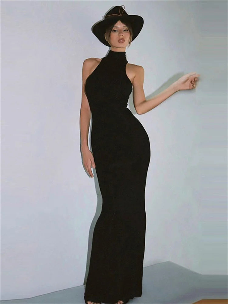 Elegant Black Turtleneck Slim Maxi Dress