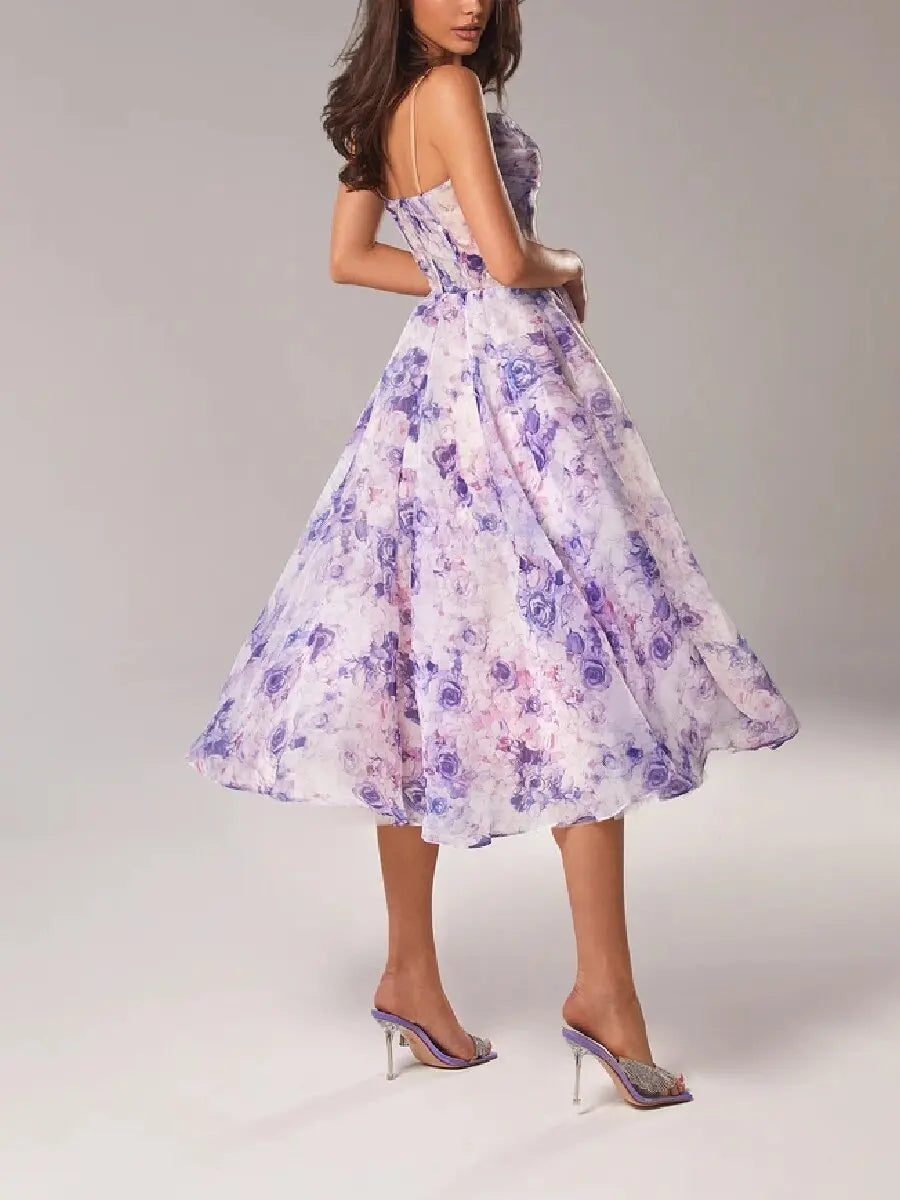 Strapless Mid-Length Floral Dress