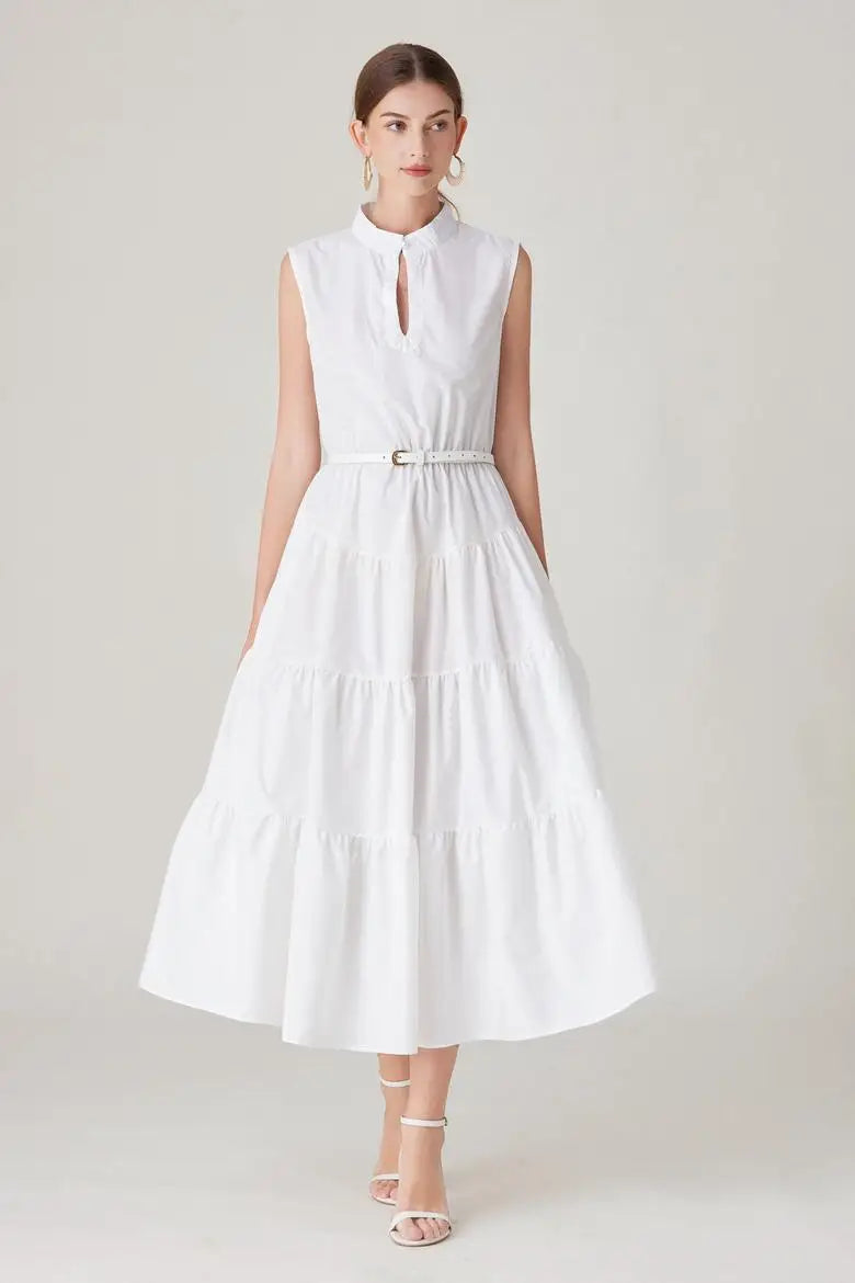 Elegant Sleeveless A-Line Dress with Half Open Collar & Waist Belt