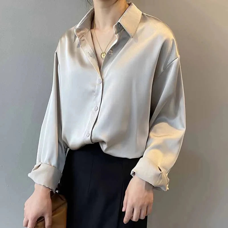 Silk Button-Up Blouse for Women, Vintage Long Sleeve Shirt