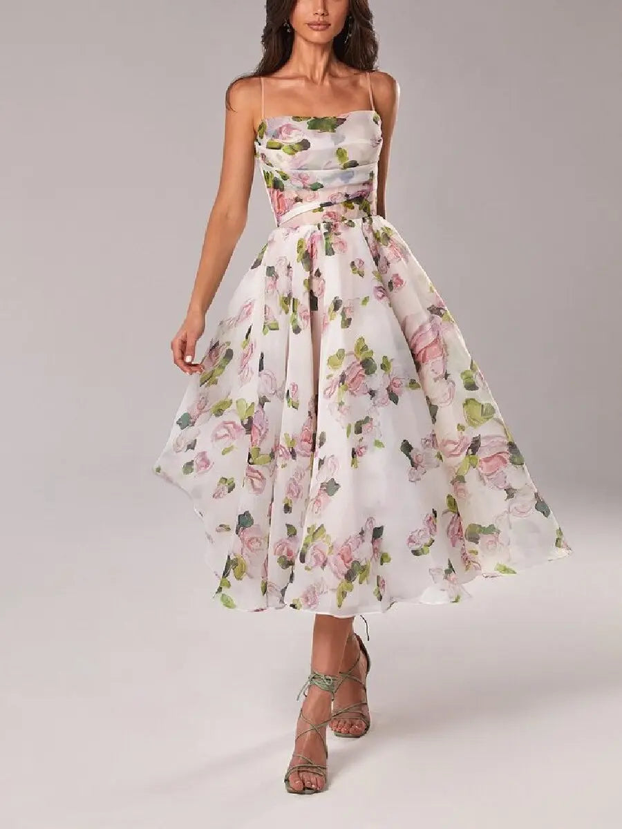 Strapless Mid-Length Floral Dress