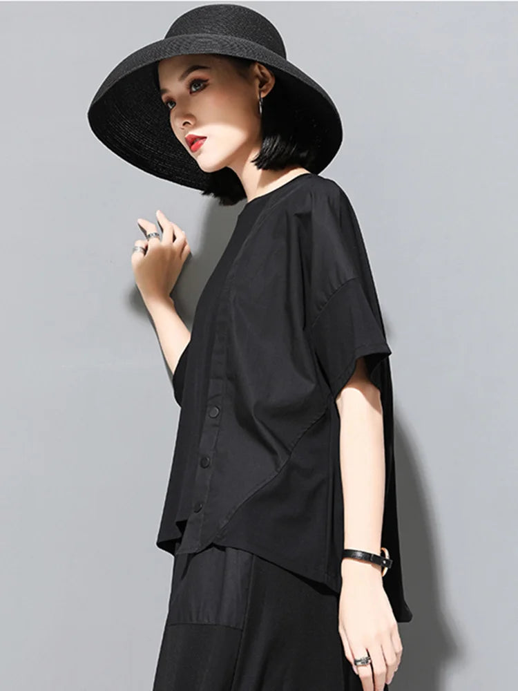 Women’s Black Pocket Button Irregular T-Shirt