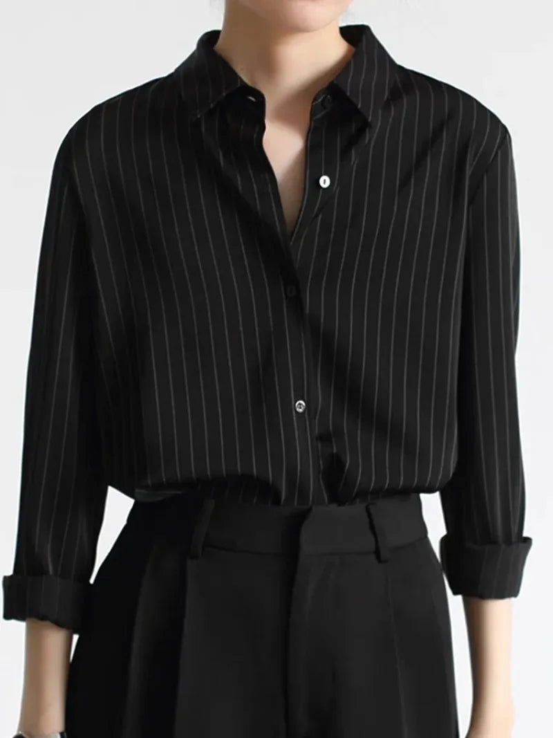 Women’s Striped Long Sleeve Blouse - Office Lady Turn Down Collar Top