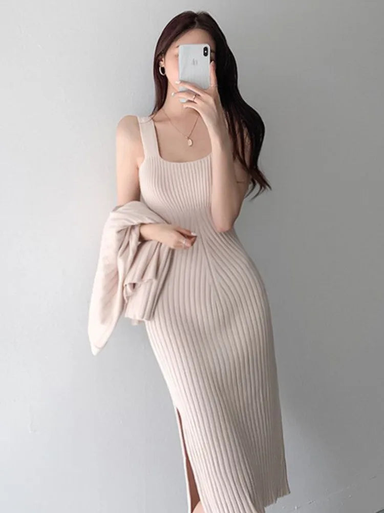 Women's Knitted Cardigan & Strap Dress Set - 2-Piece Autumn Sweater Outfit