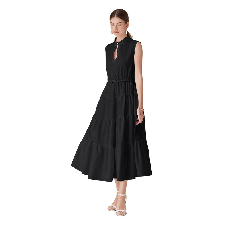 Elegant Sleeveless A-Line Dress with Half Open Collar & Waist Belt