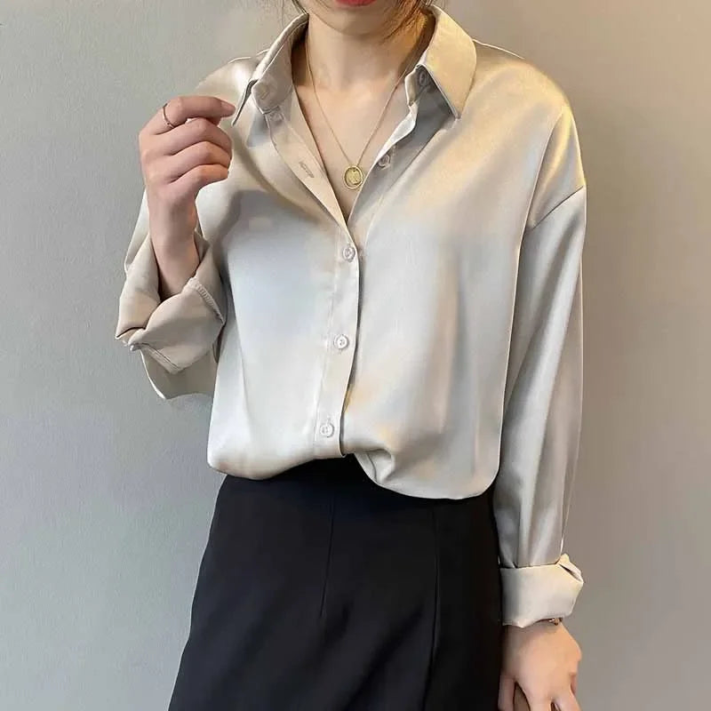 Silk Button-Up Blouse for Women, Vintage Long Sleeve Shirt